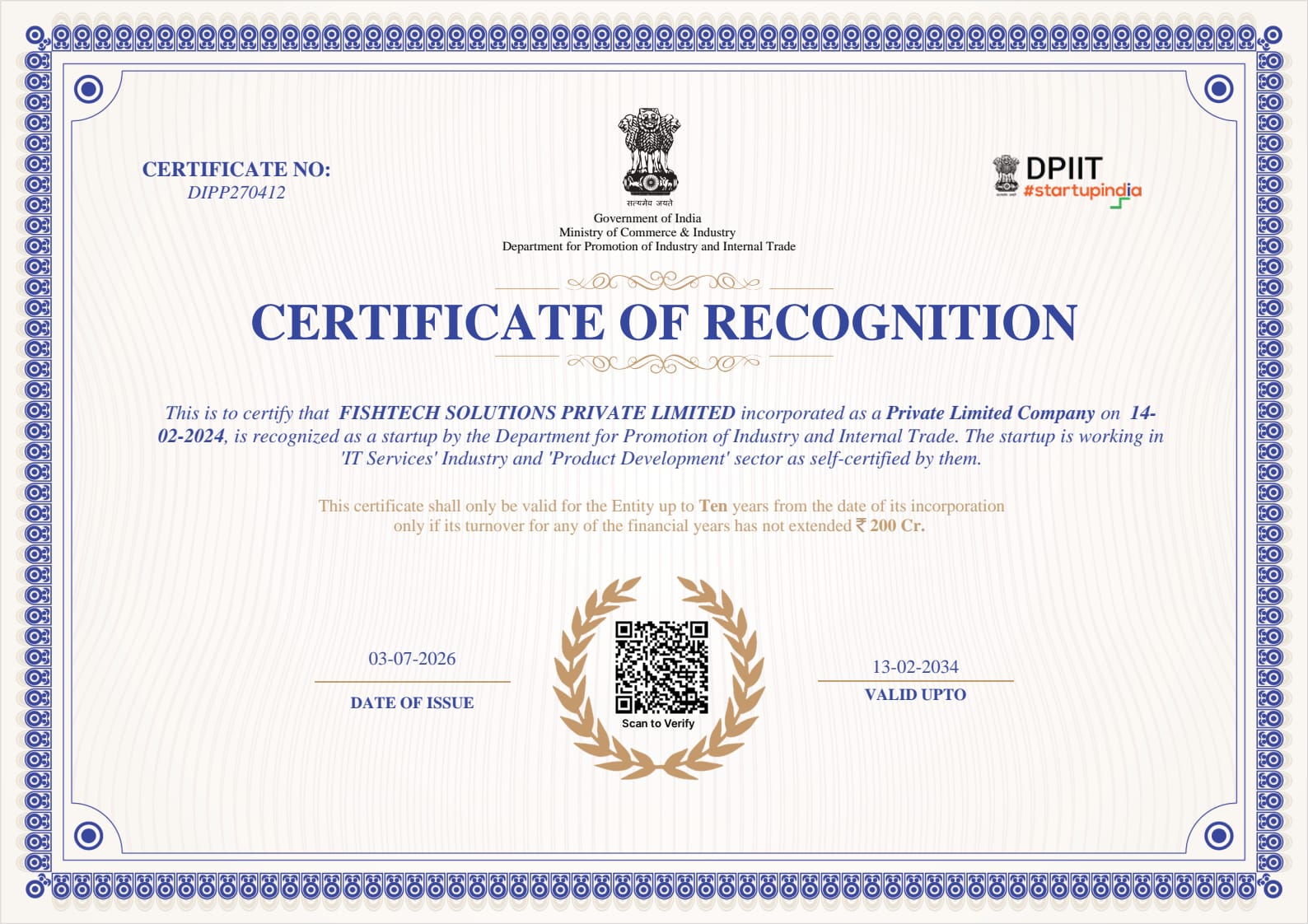 DPIIT Startup Recognition Certificate